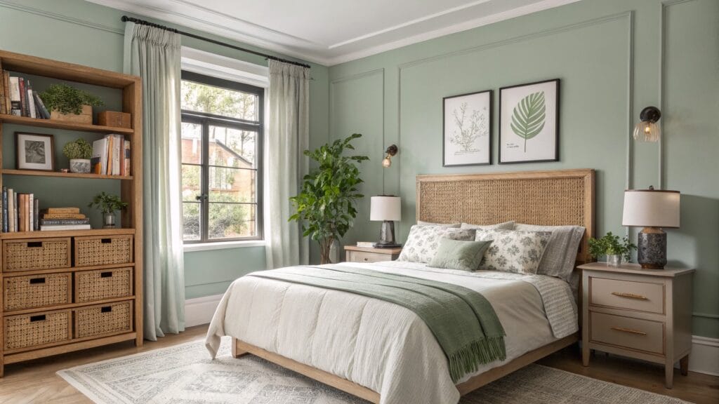 20 Beautiful Interior Color Schemes for a Harmonious Flow Bedroom featuring pale sage green paneled walls, rattan headboard bed with white linens and green throw, wooden furniture, plants, and large window