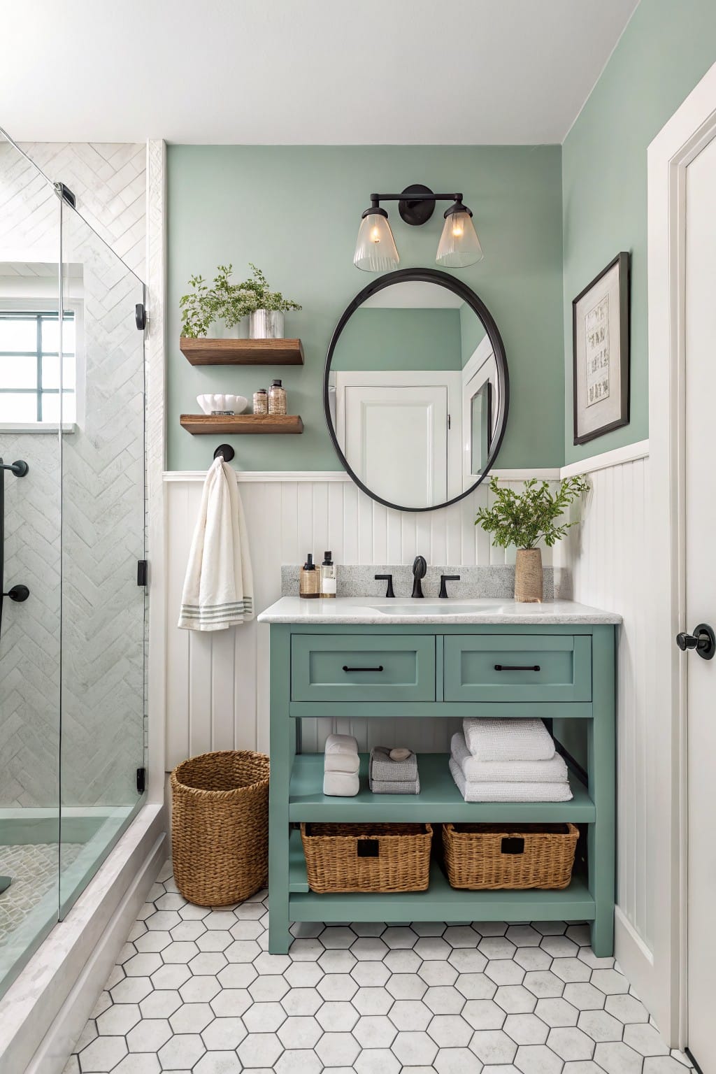 Cozy bathroom with pale sage green walls, white shiplap trim, teal vanity cabinet, glass shower enclosure, round black mirror, and wood floating shelves holding plants and jars
