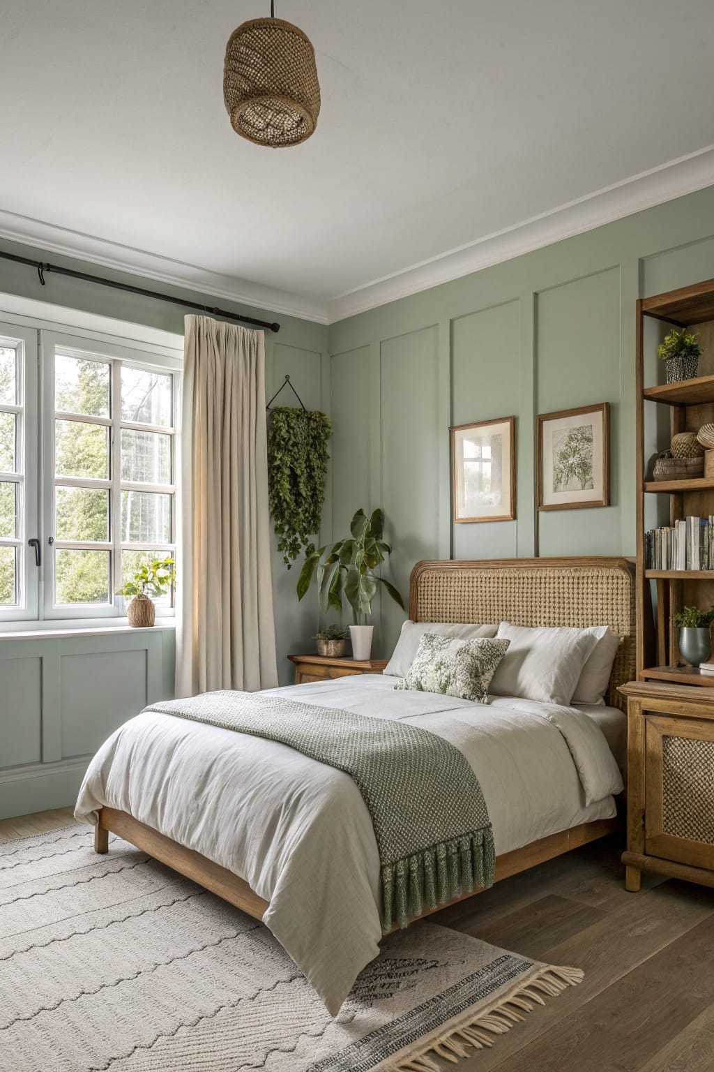 Bedroom featuring pale sage green paneled walls, rattan headboard bed with white linens and green throw, wooden furniture, plants, and large window