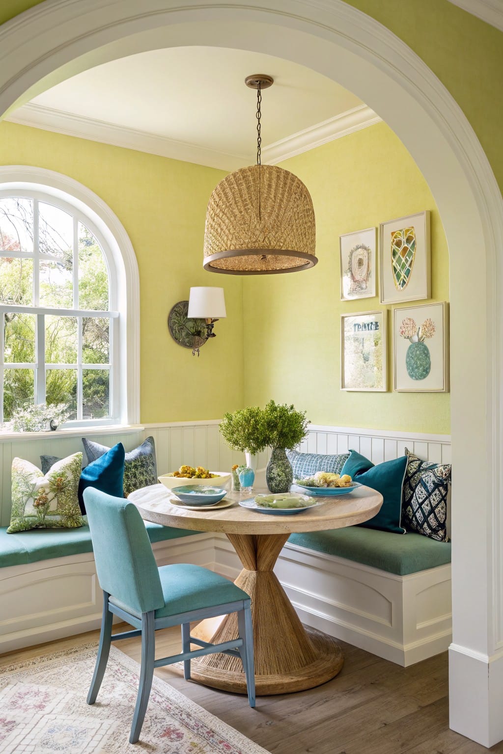 Cozy dining nook with green walls, round table, blue cushions, and decorative wall art.