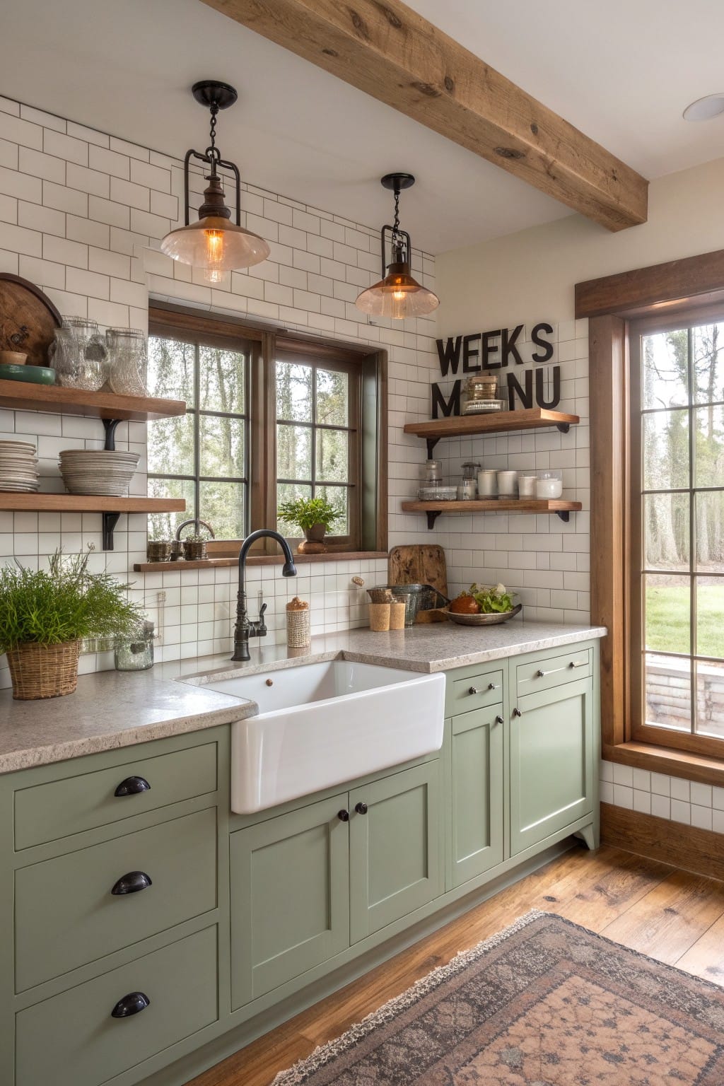 Cozy kitchen with sage green lower cabinets, white subway tile backsplash, farmhouse sink, wooden beams, and large windows overlooking woods