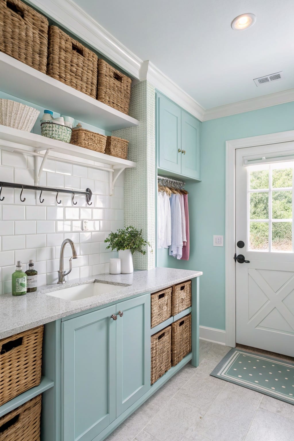 Laundry room with soft aqua painted walls and cabinets, white subway tile backsplash, wicker storage baskets, and hanging clothes rod