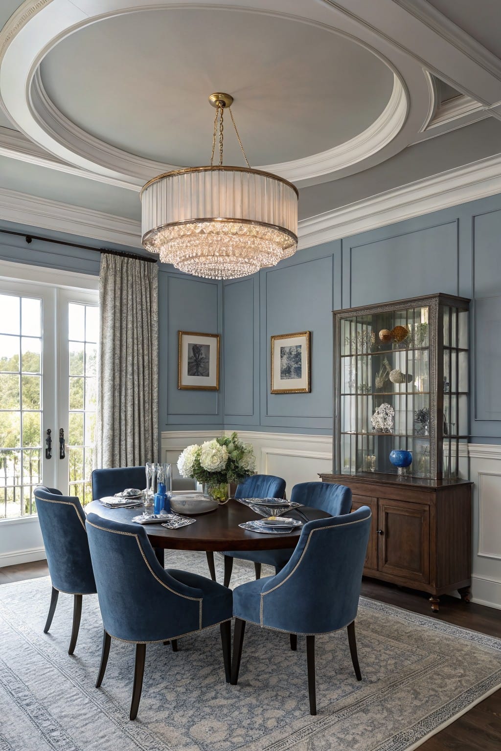 Dining room with soft blue-gray walls, wood table, blue velvet chairs, and crystal chandelier