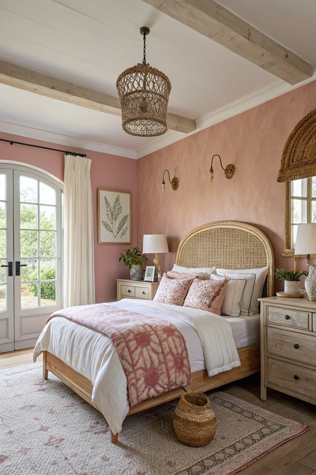 Bedroom interior with soft blush pink walls, rattan headboard, wood bed frame, and natural light from French doors
