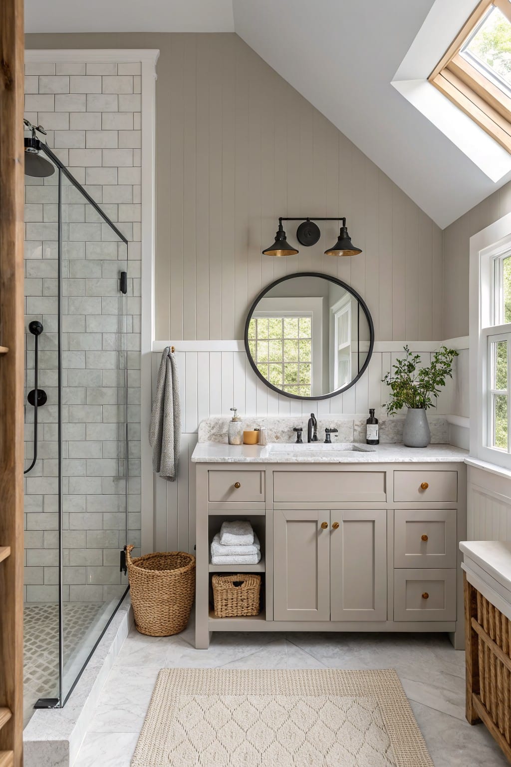 Cozy bathroom featuring soft greige walls with board-and-batten details, a frameless glass shower with white subway tiles, greige shaker vanity with marble top, round black mirror, wood accents, plants, and a woven rug on marble-look flooring