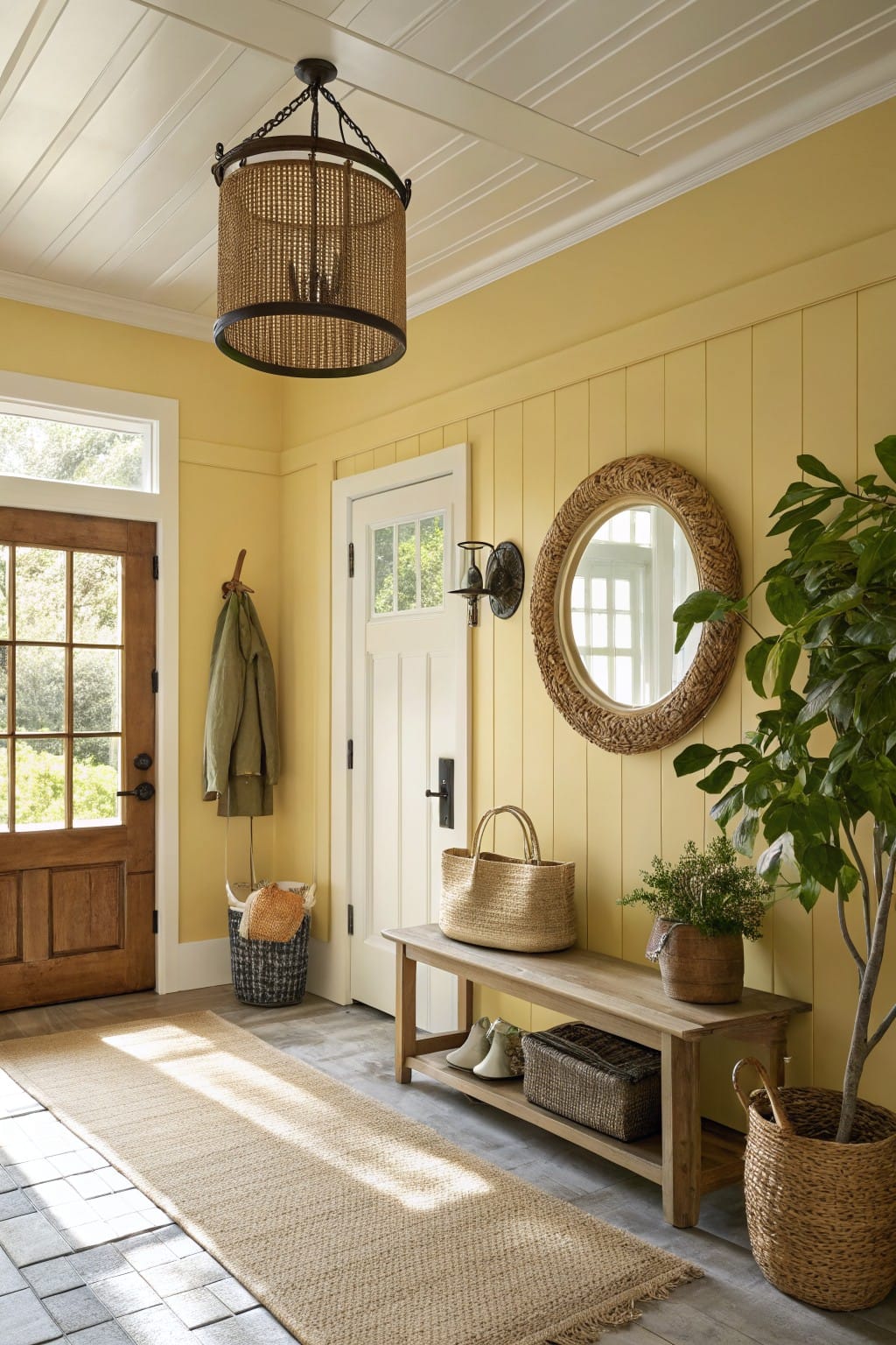 Cozy entryway featuring soft pale yellow board-and-batten walls, rattan chandelier, round woven mirror, wooden bench with baskets, potted plants, coat hook with jacket, and beige runner rug on tiled floor