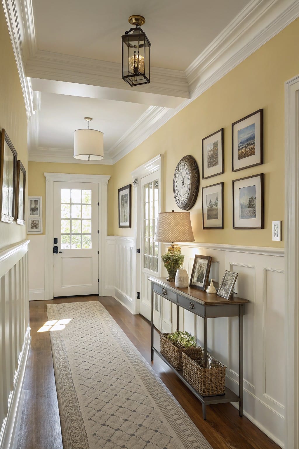 Hallway interior with soft pale yellow walls, white wainscoting, hardwood floors, brass lighting, framed art, console table with plants, and double doors