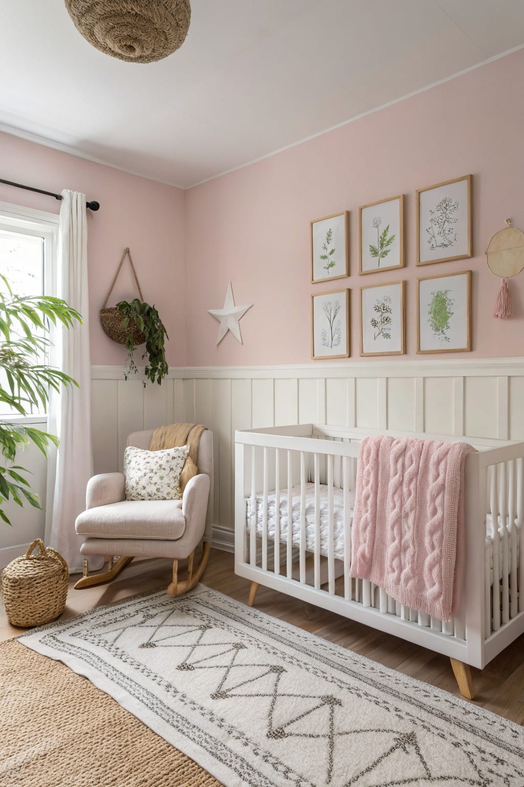 Cozy nursery with soft blush pink walls above white wainscoting, featuring a white crib draped in pink knit blanket, beige rocking chair, botanical wall art, potted plants, and woven rug