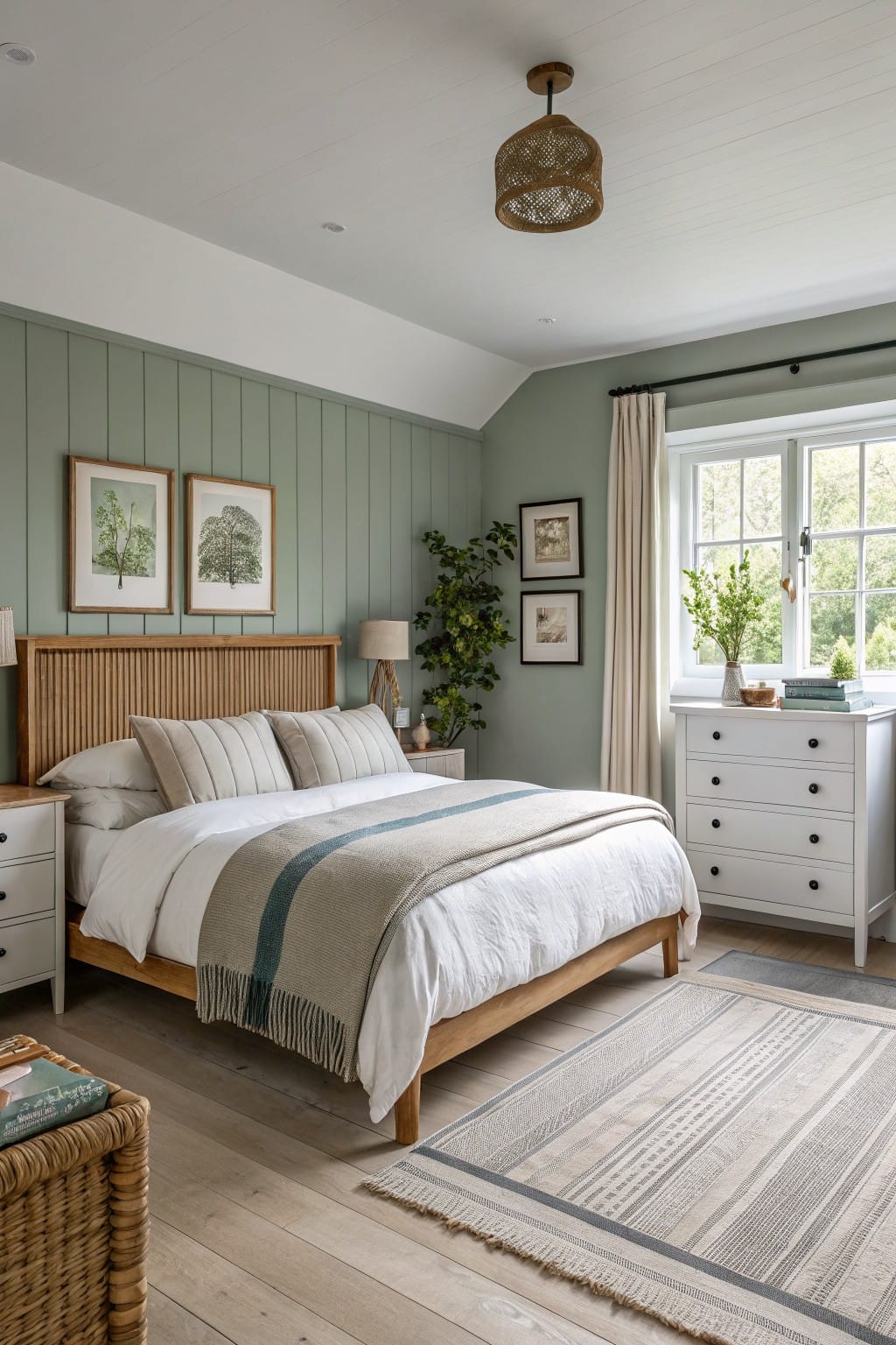 Bedroom with pale sage green shiplap walls, wooden bed, white bedding, and window light