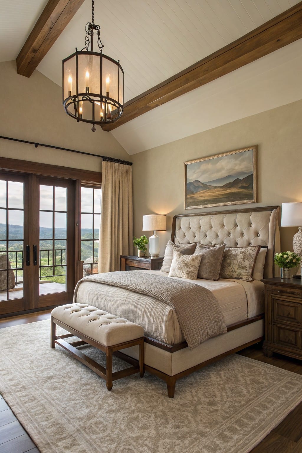 Cozy bedroom interior with soft beige walls, tufted upholstered bed, wood accents, and French doors opening to a scenic view