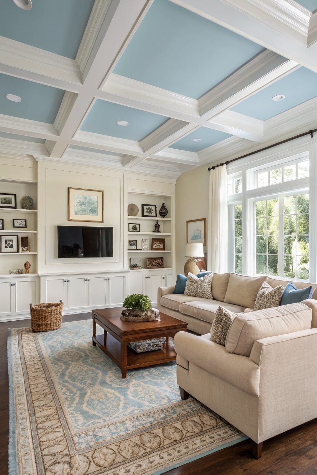 Bright living room featuring a beige sofa, blue ceiling, and a wooden coffee table.