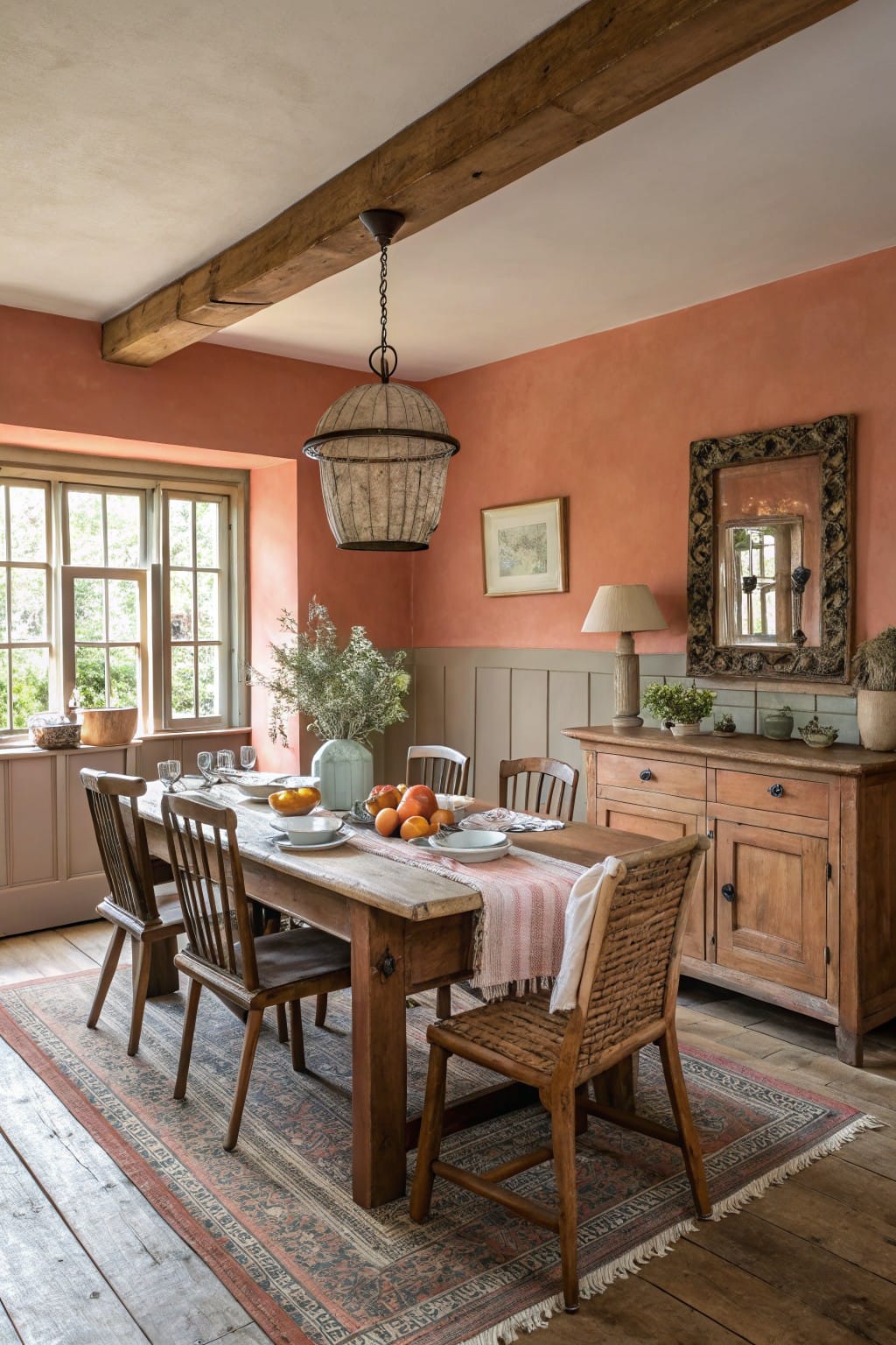 Cozy dining room with warm terracotta pink walls, exposed wood beams, farmhouse table set with oranges and dishes, wooden sideboard, rattan chairs, and Persian rug on wood floors