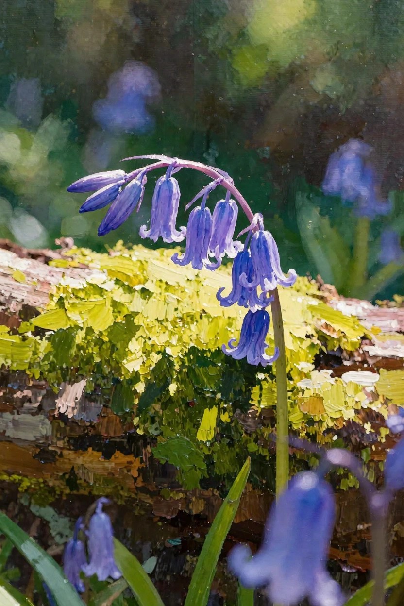 Purple bluebell flowers arch over yellow-green moss on a textured brown log amid soft green forest blur.
