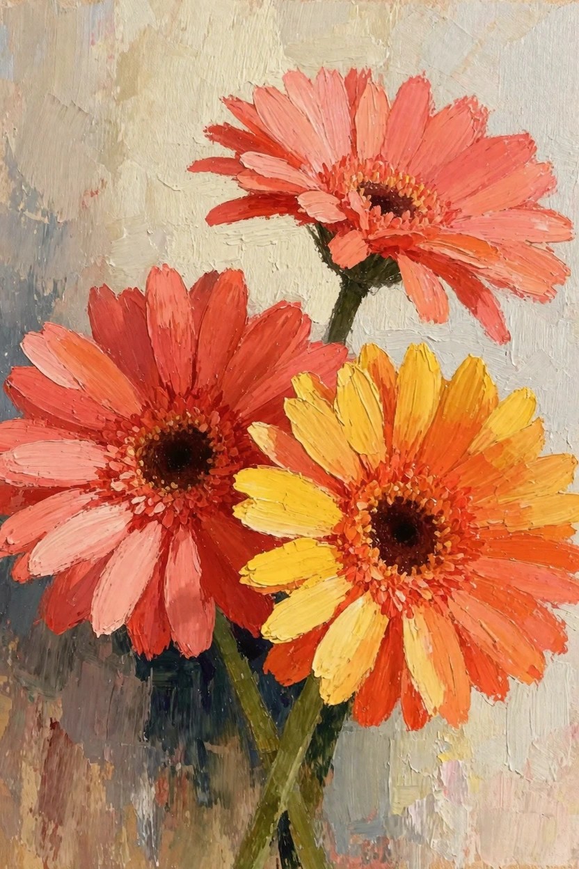Oil painting of three gerbera daisies in pink, orange, and yellow clustered on stems against a textured beige-gray background.