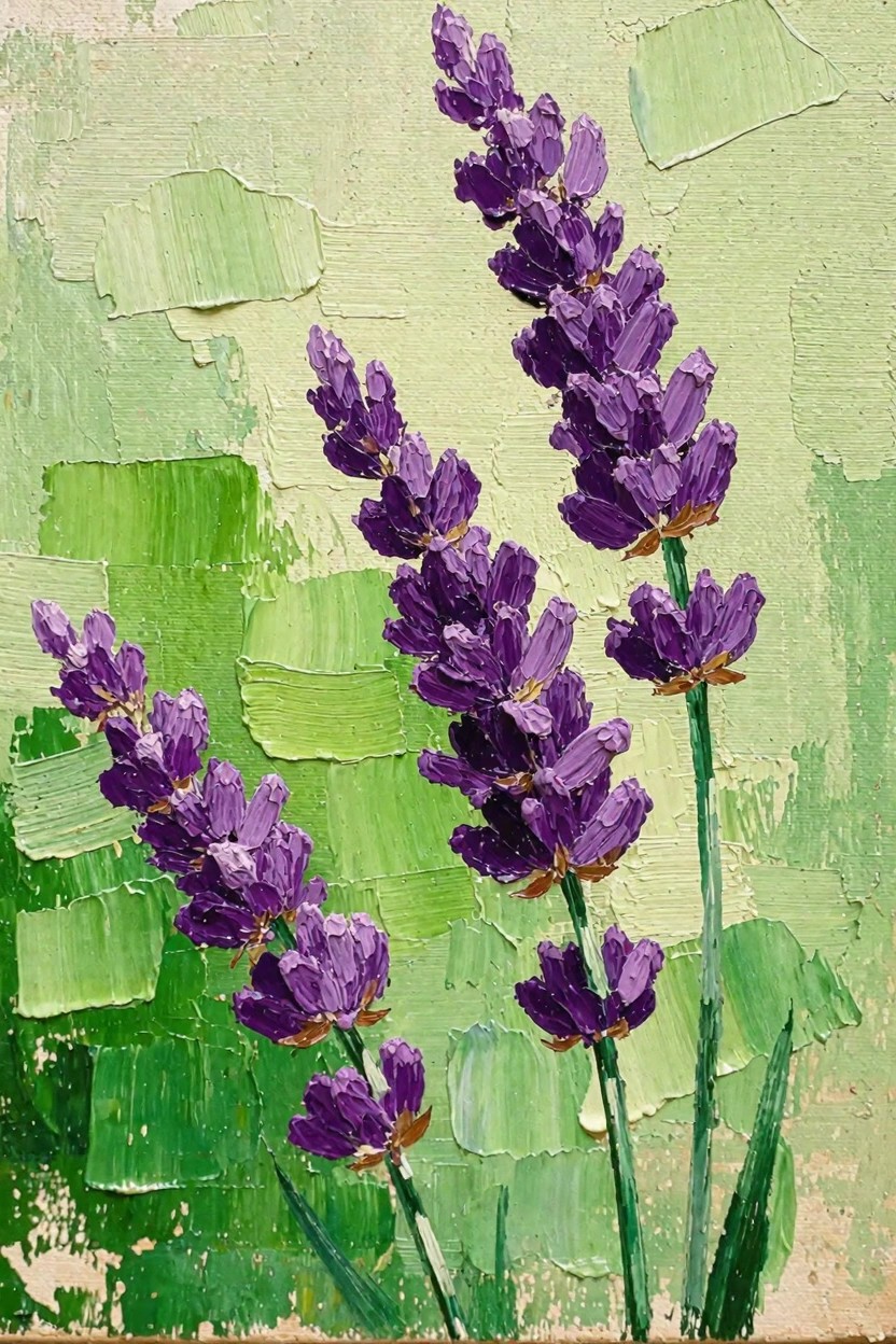 Oil painting of three purple lavender stems with textured green background and impasto brushwork.