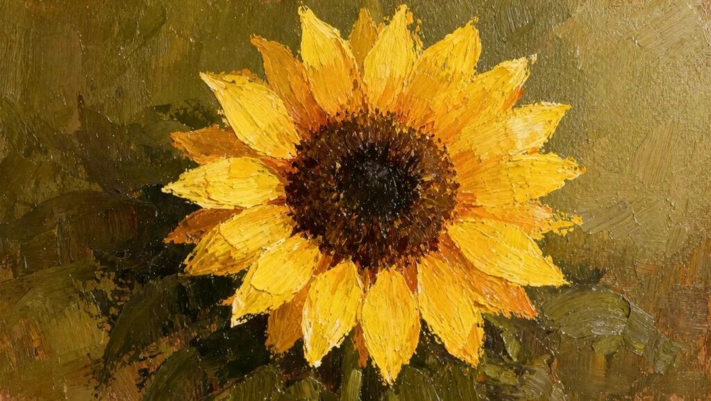 Oil painting of a single yellow sunflower with textured petals and dark center against an earthy green background.