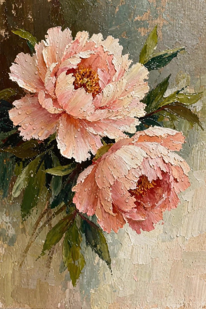 Oil painting of two pink peonies with dew drops, textured petals, green leaves, on a mottled greenish-gray background.