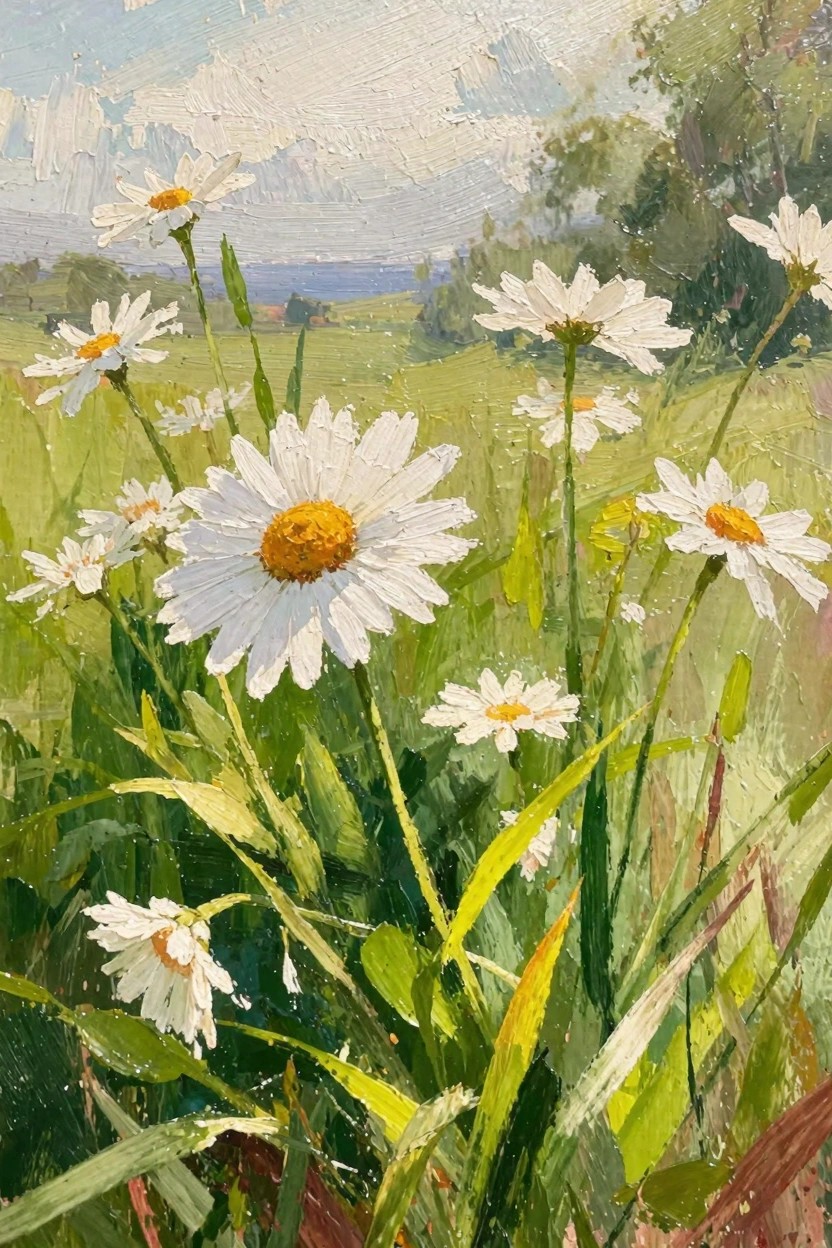 Oil painting of white daisies with yellow centers in a green meadow, against a background of sky, trees, fields, and distant hills.