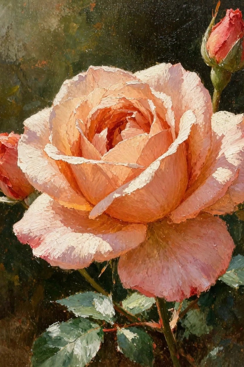 Oil painting of a large peach-colored rose in bloom with pink buds and green leaves against a dark background.