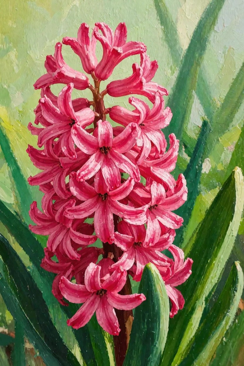 Oil painting of a tall pink hyacinth flower spike surrounded by broad green leaves on a soft green background.