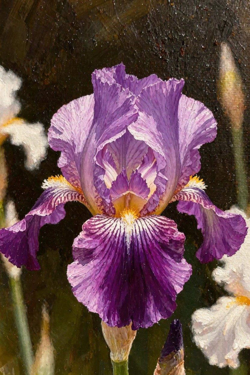 Oil painting featuring a detailed purple bearded iris in the foreground with white irises and dark green background.