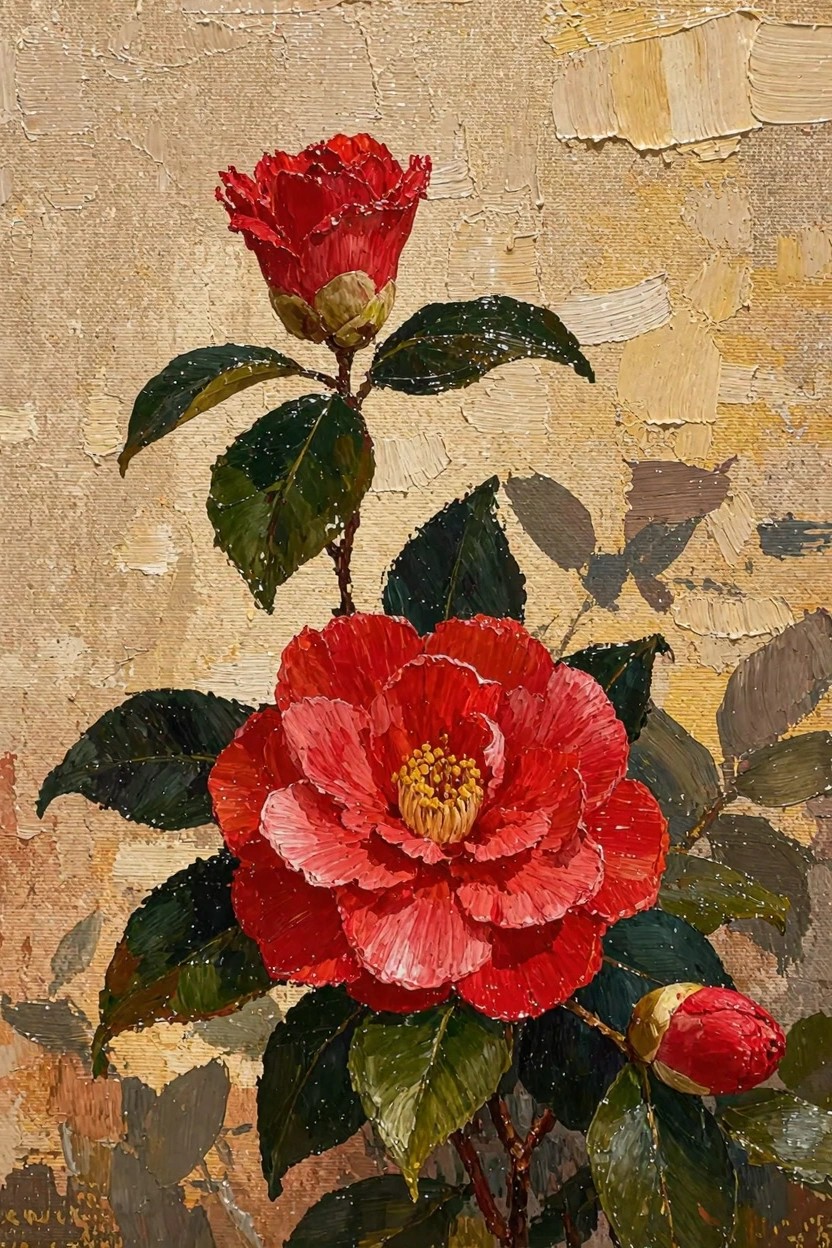 Oil painting of red camellia flowers, buds, and green leaves against a textured beige background.
