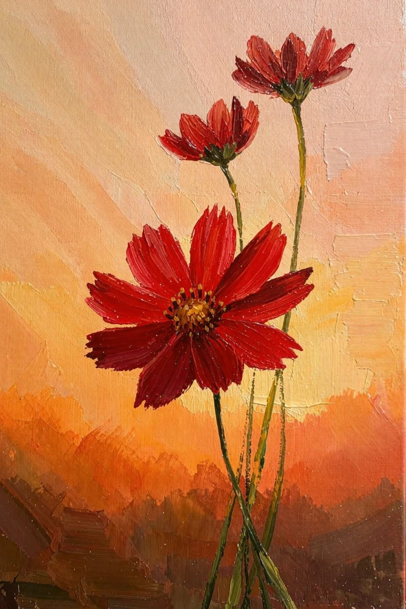 Oil painting of three red cosmos flowers on crossing green stems against a pink-to-orange sunset gradient background.