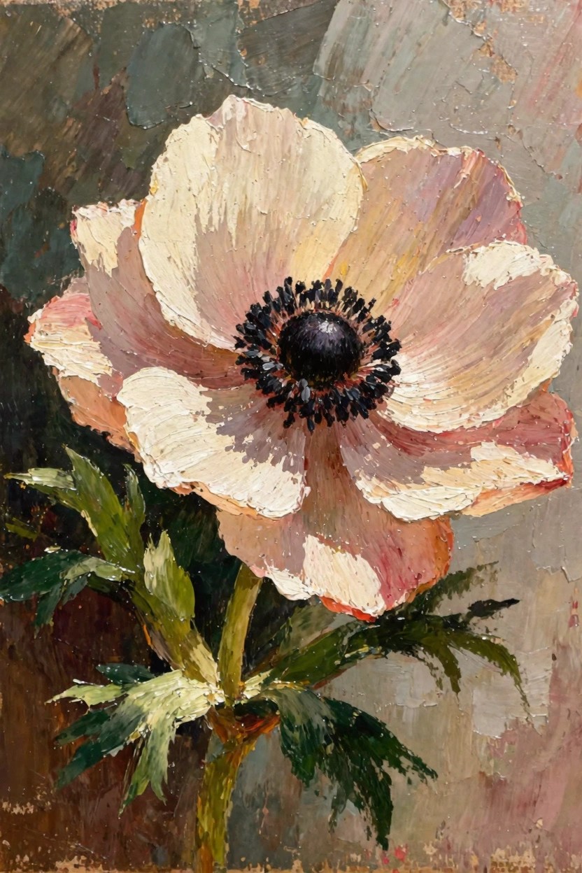 Oil painting of a single white anemone flower with pink-tinged petals, black center, green stem, and leaves against a textured gray-green background.