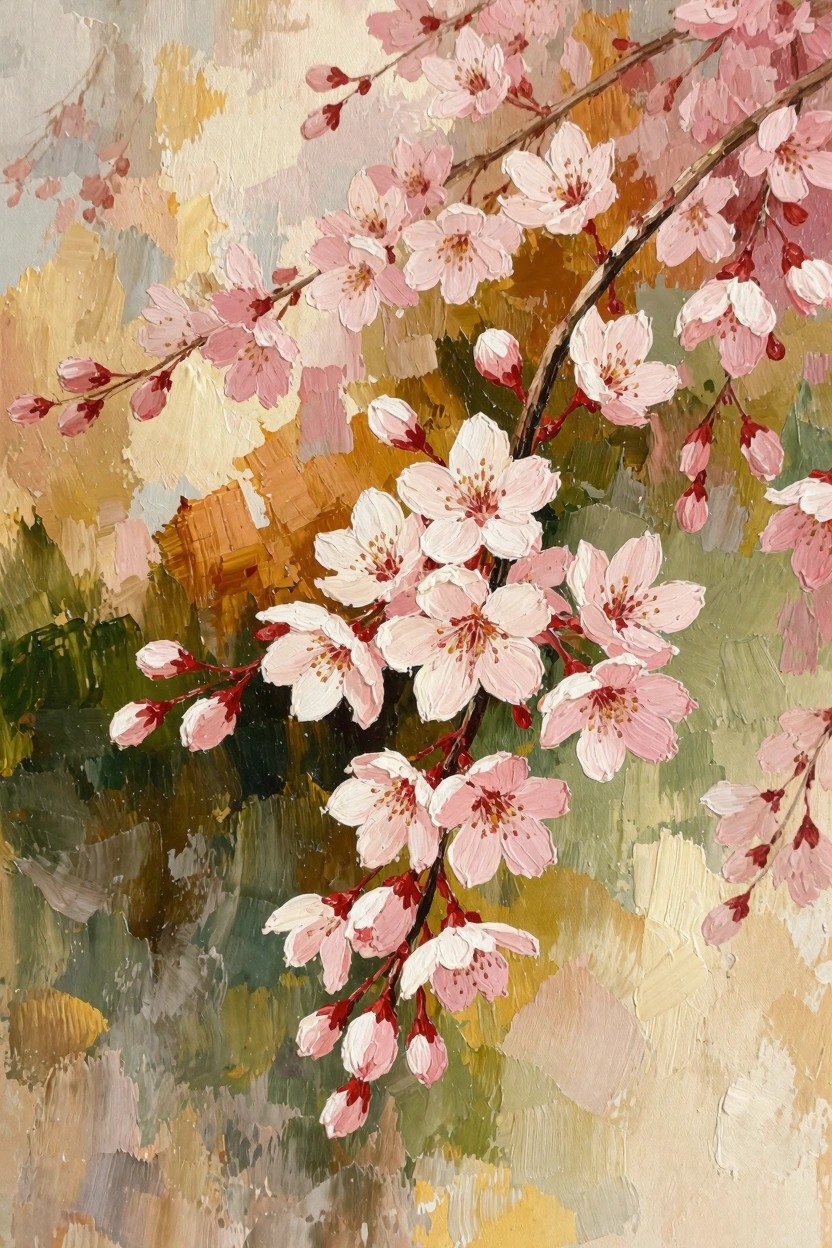 Oil painting of curving branches with clusters of pink and white cherry blossoms over a textured abstract background.
