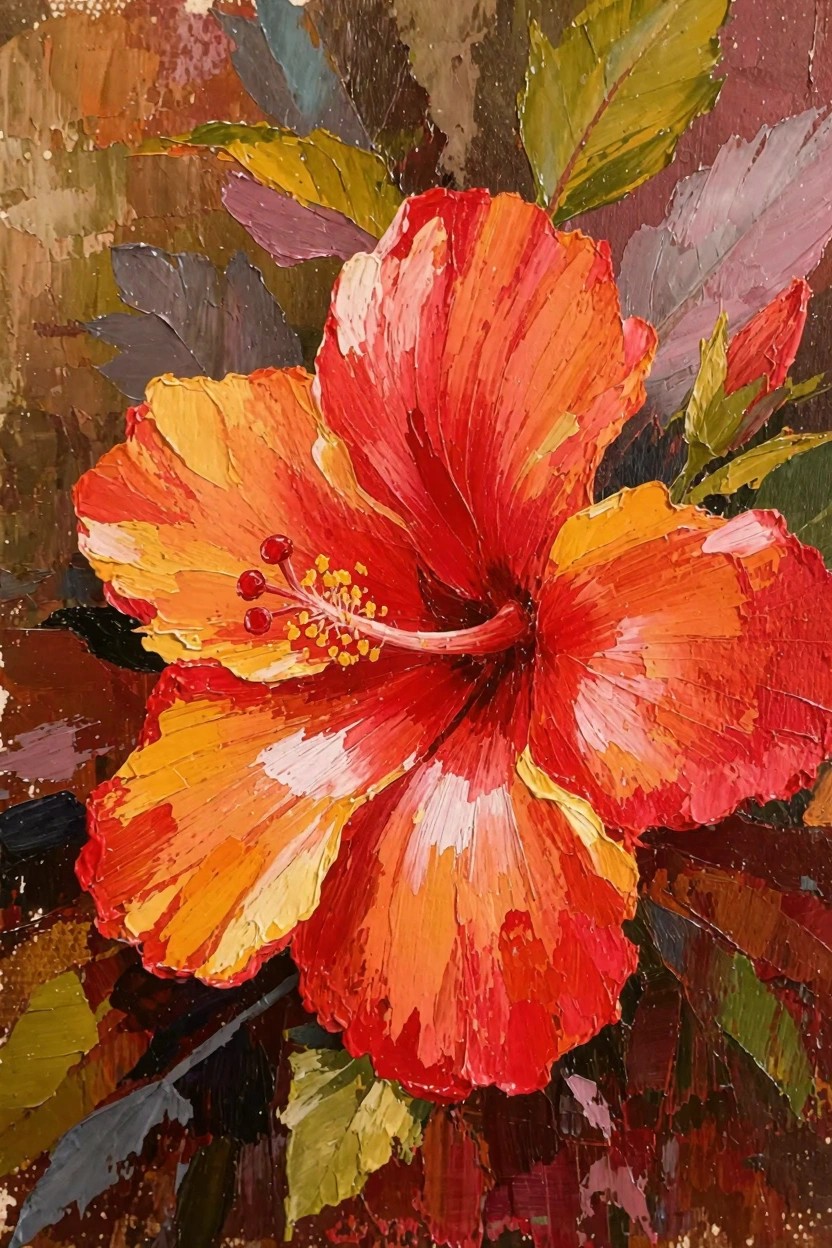 Oil painting of an orange-red hibiscus flower with yellow stamens, green leaves, and textured earthy background.