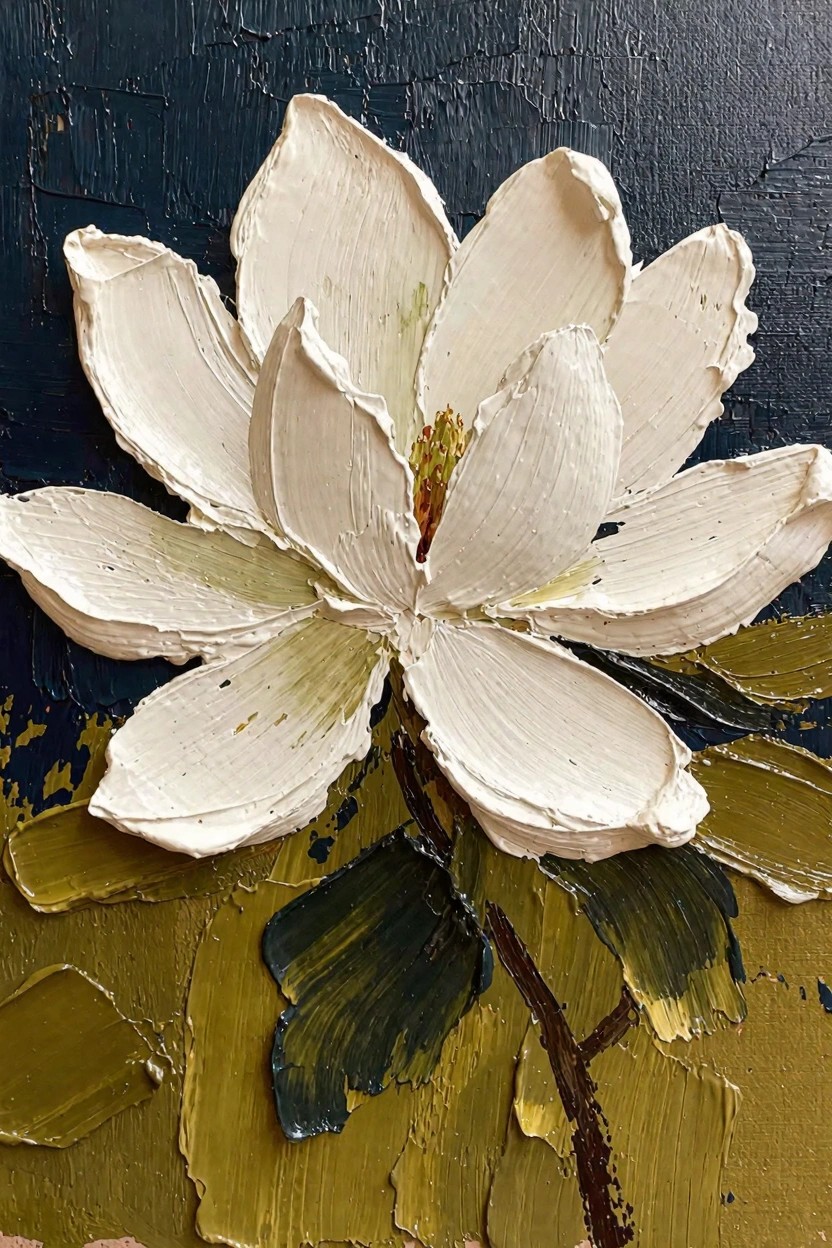 Oil painting of a large white magnolia flower with textured impasto petals, green-tinted center, stem, and leaves against a dark navy background.