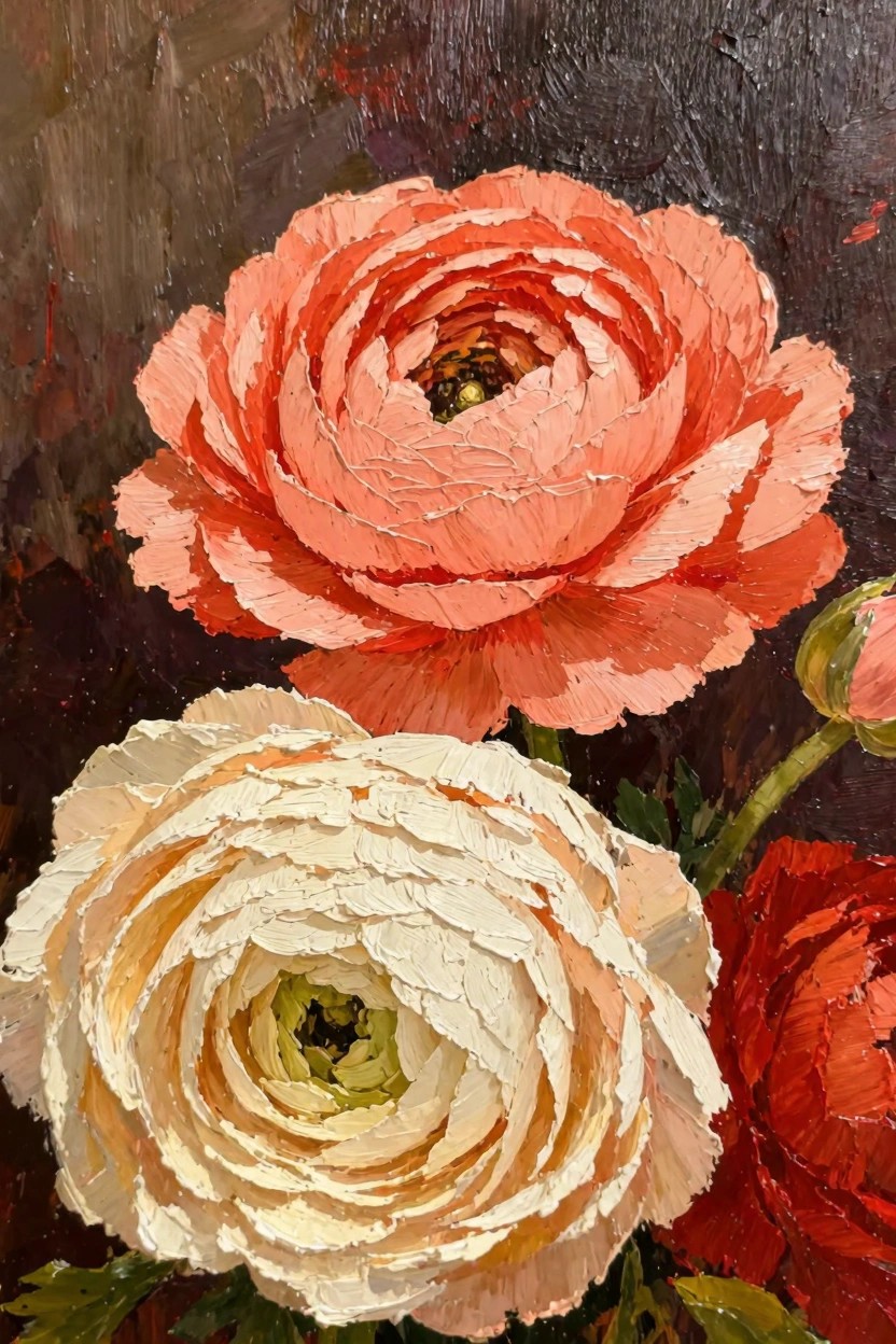 Oil painting of a peach ranunculus and a white ranunculus with buds and leaves on a dark textured background.