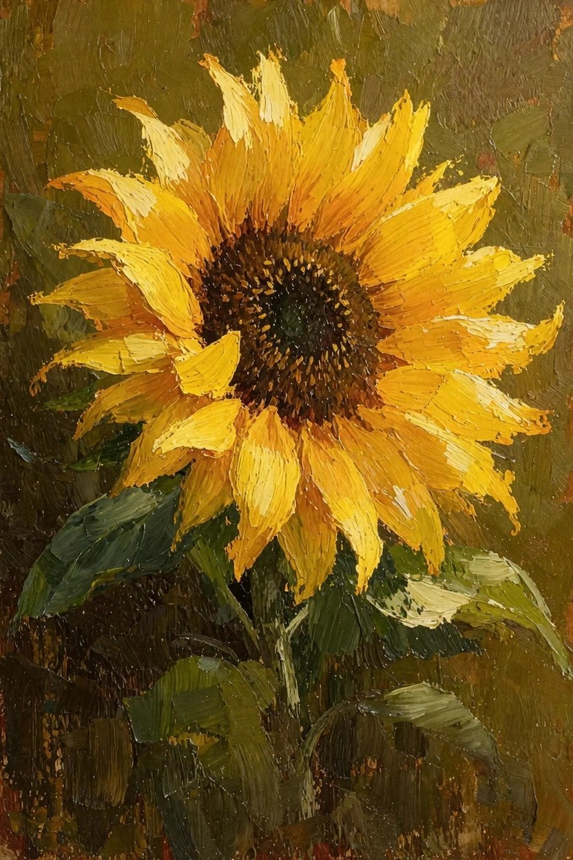 Oil painting of a single yellow sunflower with textured petals and dark center against an earthy green background.