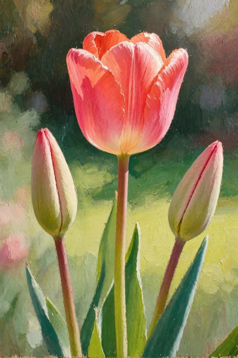 Oil painting of a central open pink-orange tulip flanked by two pale green buds on stems with leaves against a blurred green background.