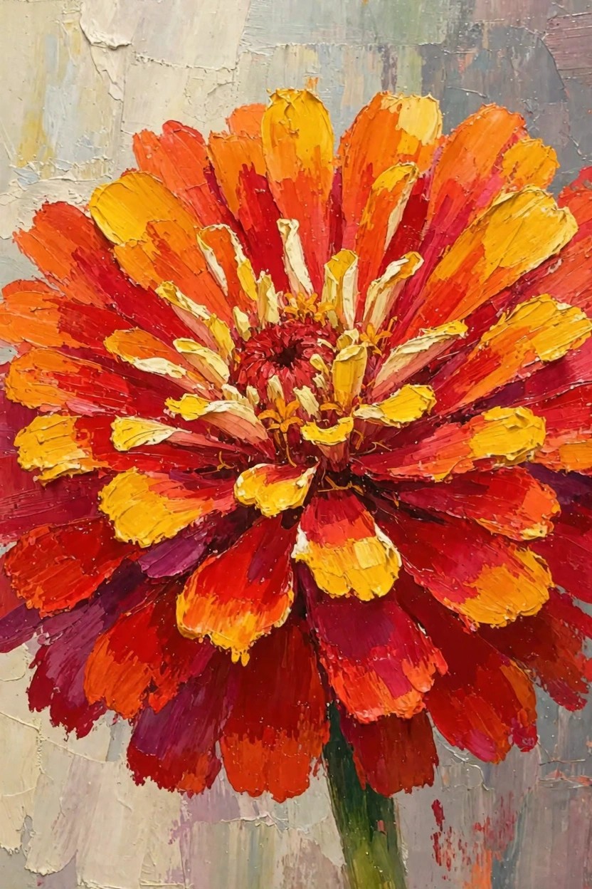 Close-up oil painting of a bright orange-red zinnia flower with heavy impasto texture on a neutral background.