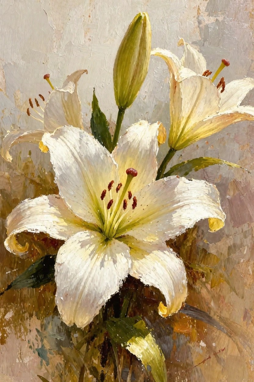 Oil painting of white lilies in full bloom, bud stage, and leaves against a textured beige background.