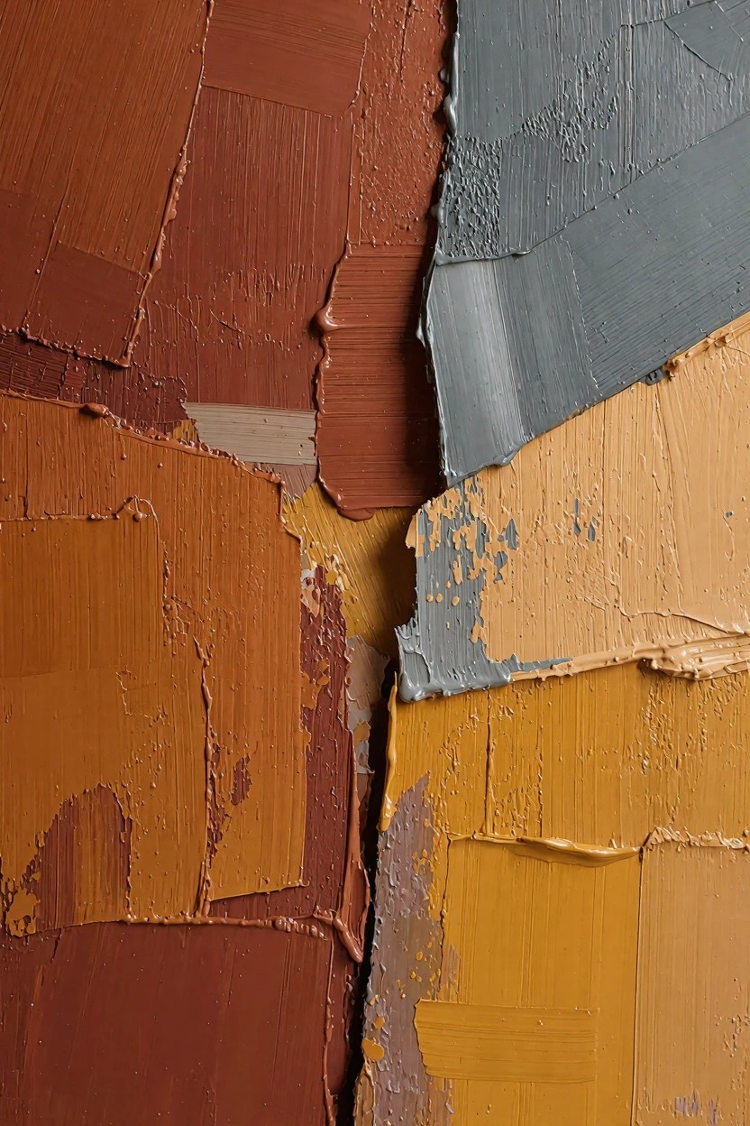 Abstract close-up of thickly applied oil paint in blocks of rust, orange, yellow, and gray with textured edges and overlaps.
