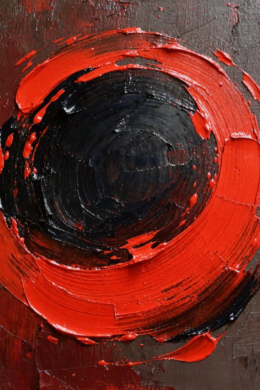 Abstract oil painting with a central black circle edged by thick swirling red impasto on a textured reddish-brown background.