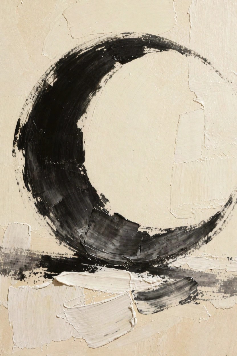 Thick black impasto crescent moon on textured beige background with gray and white base accents.