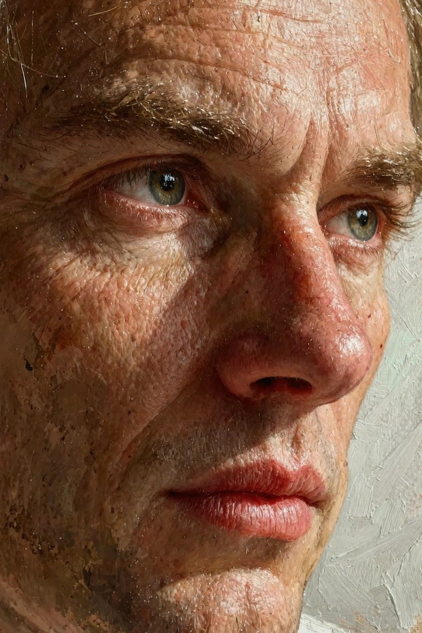 Close-up realistic oil portrait of an elderly man's intense face with green eyes, wrinkled skin, and textured brushwork.