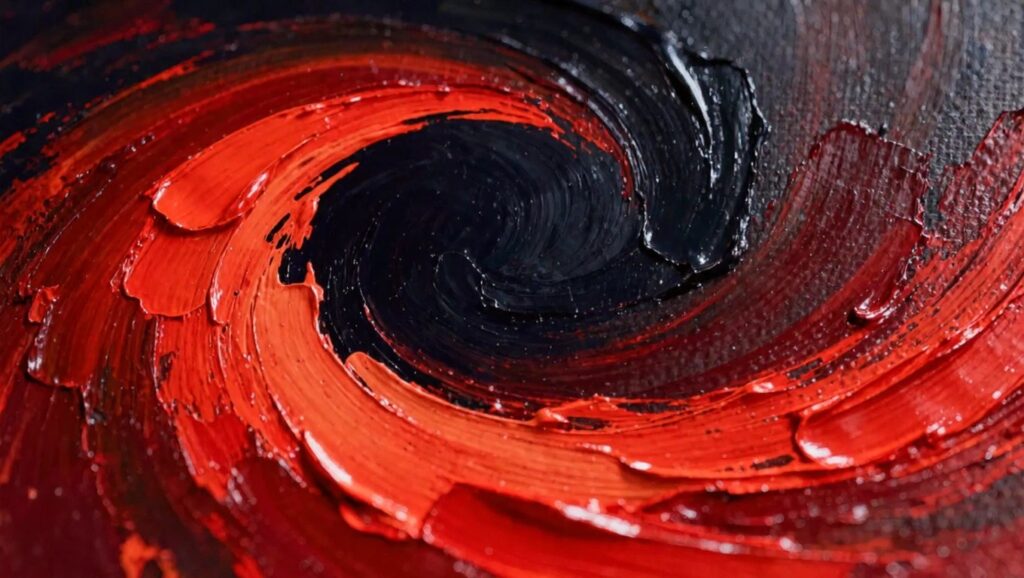 Abstract oil painting with a central black circle edged by thick swirling red impasto on a textured reddish-brown background.