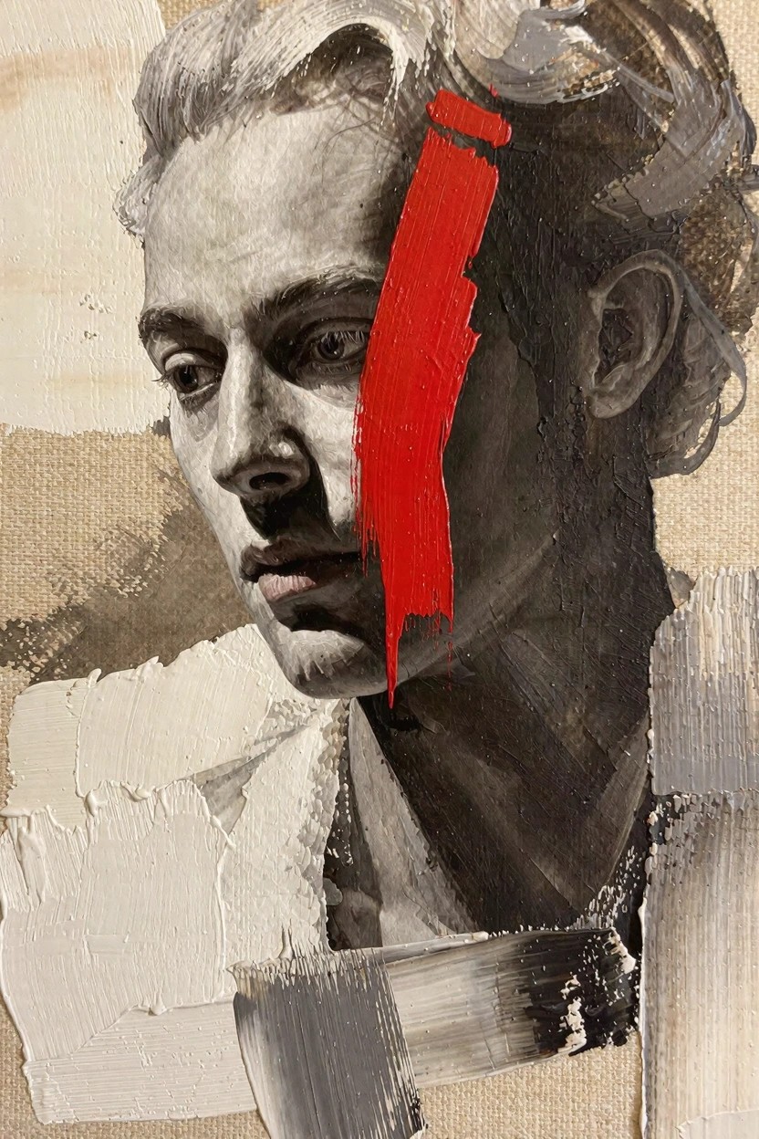 Grayscale oil portrait of a man with white hair and a thick red paint stroke dripping across his face on textured canvas.