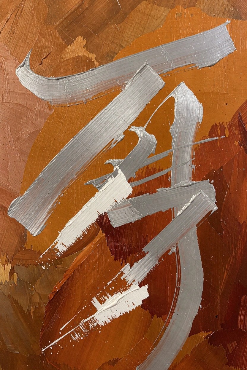 Abstract oil painting featuring thick, curving white and silver strokes over a textured burnt orange background.