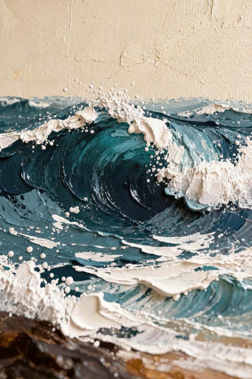 Oil painting of a curling turquoise ocean wave with thick white foam crashing against beige rocks and sand.