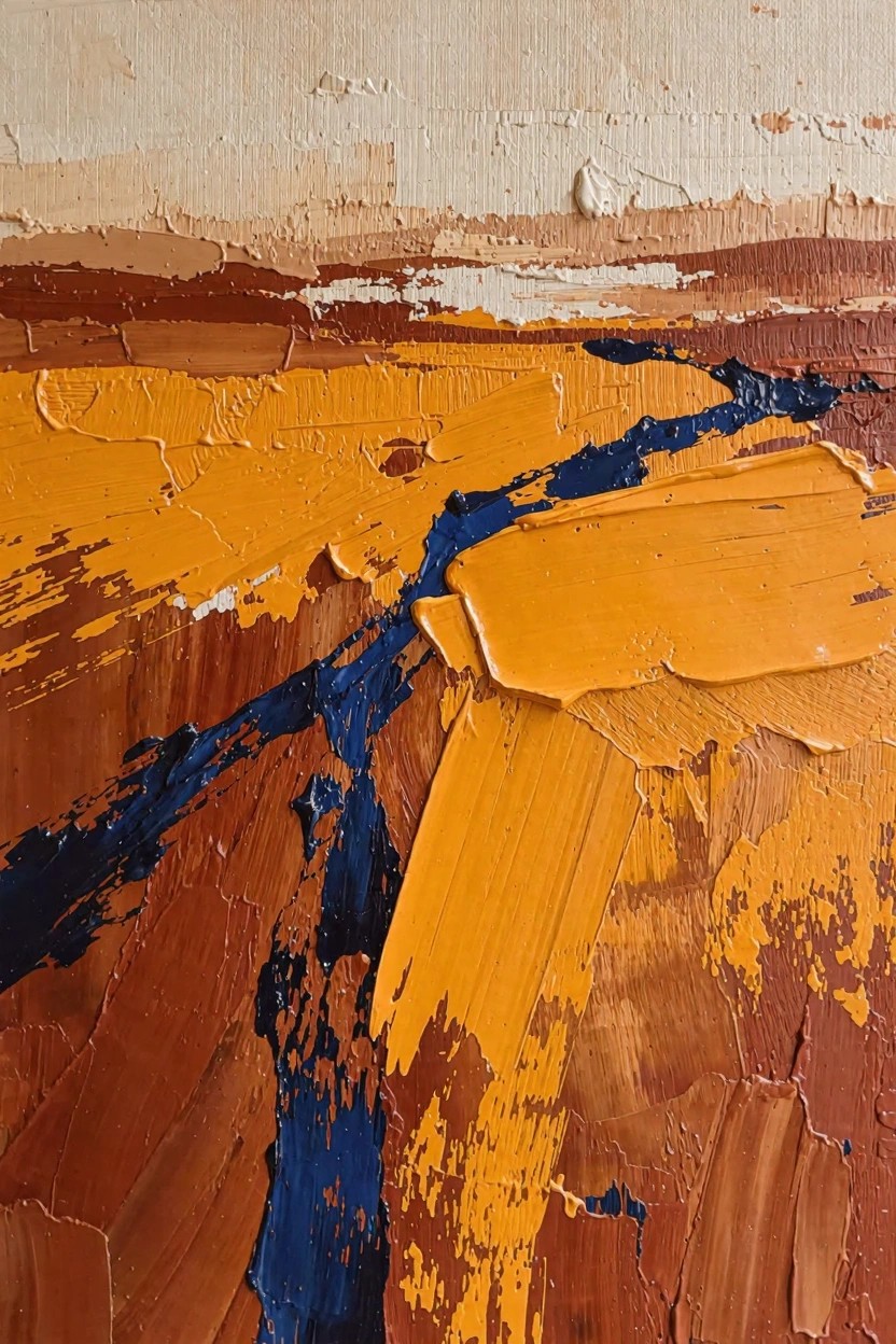Abstract oil painting with textured layers of beige, yellow, orange, and brown earth tones bisected by a thick vertical blue streak.