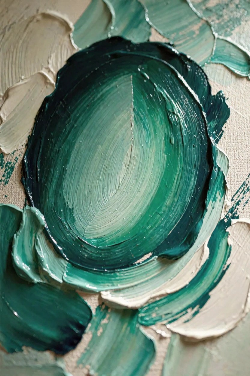 Close-up of thickly applied green and teal oil paint forming a textured circular swirl surrounded by white smears on canvas.