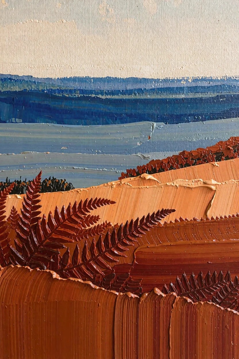 Oil painting featuring prominent red ferns in the foreground, orange layered hills, blue sea with waves, and distant blue hills under a pale sky.