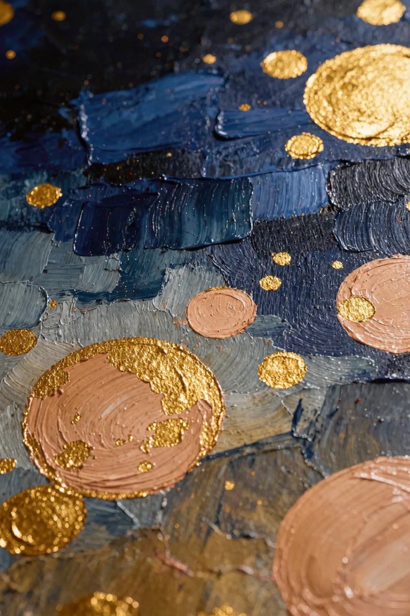 Abstract oil painting of textured gold and orange circular orbs floating on a dark blue textured background.