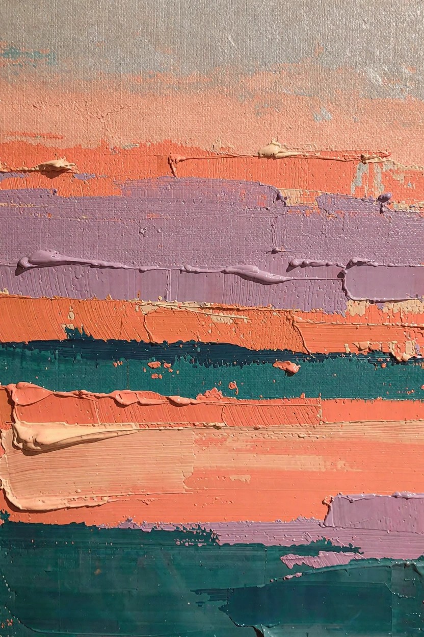 Abstract oil painting with stacked horizontal bands of thick, textured paint in grays, oranges, purples, greens, and teals.