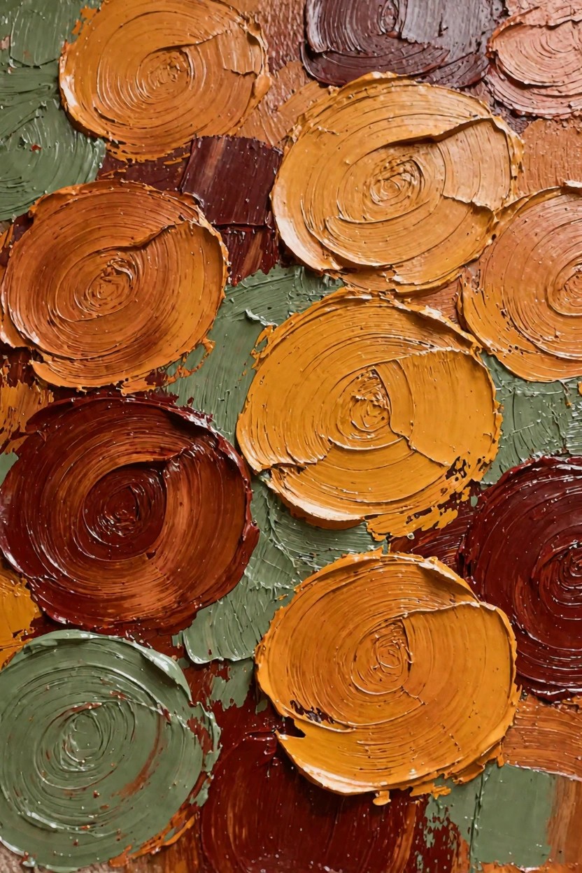 Abstract oil painting featuring overlapping circular swirls in thick impasto layers of orange, yellow, green, brown, and red paint.